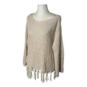 Altar’d State Cream Beige Knit Fringe Tassel Hem Long Sleeve Sweater Size Small